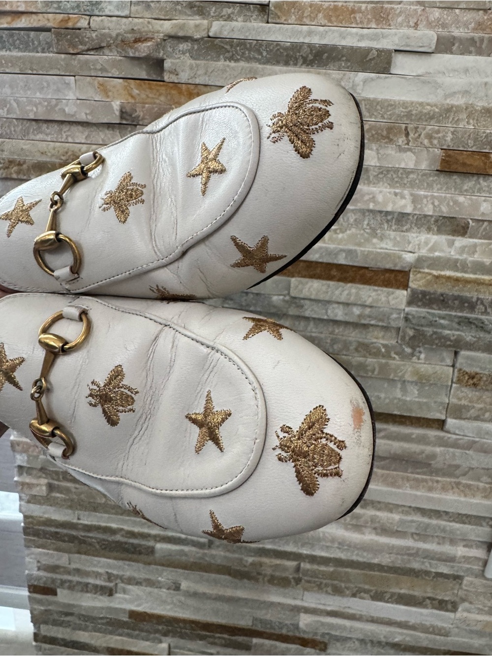 Gucci White Princetown Horsebit Mules with Gold Star & Bee Embroidery - Picture 7 of 9